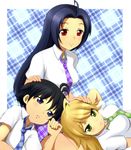  ahoge black_hair blonde_hair green_eyes hoshii_miki idolmaster idolmaster_(classic) kikuchi_makoto long_hair lying md5_mismatch miura_azusa multiple_girls necktie petting plaid plaid_background plaid_neckwear plaid_skirt purple_eyes red_eyes short_hair skirt smile solar_kaichuudentou 