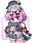  :3 :d black_hair bow braid chibi chibi_on_head dress elephant fang hat herada_mitsuru kaenbyou_rin komeiji_koishi komeiji_satori long_hair minigirl multiple_girls oekaki on_head open_mouth purple_eyes purple_hair red_hair reiuji_utsuho ribbon short_hair silver_hair smile too_literal touhou v-shaped_eyebrows 