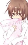  brown_eyes brown_hair holding holding_pillow kantai_collection looking_at_viewer pillow short_hair solo wakaba_(kantai_collection) wakaouji_(wakaoujikun) 