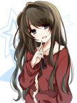  blush brown_hair finger_to_mouth kanzume_shima long_hair looking_at_viewer solo star tamasaka_makoto tokyo_7th_sisters upper_body 