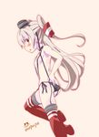  amatsukaze_(kantai_collection) black_panties breasts brown_eyes choker garter_straps hair_tubes hairband highres imu_sanjo kantai_collection long_hair looking_at_viewer open_mouth panties side-tie_panties silver_hair simple_background small_breasts solo striped striped_legwear thighhighs two_side_up underwear 