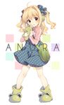  blonde_hair brown_eyes chestnut_mouth dress frog furrowed_eyebrows hair_ribbon hood hood_down hooded_track_jacket jacket long_hair original polka_dot polka_dot_dress polka_dot_ribbon ribbon solo track_jacket wavy_hair yamcha_(cocololi) 