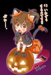  animal_ears brown_eyes brown_hair cat_ears cat_paws cat_tail fang folded_ponytail gloves halloween highres imu_sanjo inazuma_(kantai_collection) jack-o'-lantern kantai_collection kemonomimi_mode kneeling looking_at_viewer open_mouth paw_gloves paws pleated_skirt shoes skirt solo tail thighhighs translation_request white_legwear zettai_ryouiki 