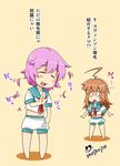  :3 ^_^ ahoge brown_hair check_translation closed_eyes comic highres imu_sanjo kantai_collection kuma_(kantai_collection) long_hair multiple_girls navel open_mouth purple_hair school_uniform serafuku shedding short_hair shorts smile tama_(kantai_collection) translation_request 