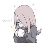  coffee_mug commentary_request cup eyes_closed hair_over_one_eye holding holding_cup little_witch_academia long_hair lowres mug official_style pale_skin pink_hair red_eyes satochi simple_background smile solo steam sucy_manbavaran sweater tongue tongue_out upper_body white_background 