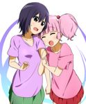  :d ^_^ arm_hug black_hair blush brown_eyes casual closed_eyes collarbone funami_yui hair_bobbles hair_ornament igashiko multiple_girls open_mouth pink_hair shirt short_hair short_sleeves skirt smile standing sweatdrop t-shirt twintails v-neck yoshikawa_chinatsu yuru_yuri 