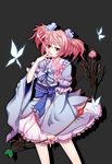  absurdres arrow bow bow_(weapon) bug butterfly cosplay dress flower hezi_(ajudyjuly) highres insect japanese_clothes kaname_madoka magical_girl mahou_shoujo_madoka_magica pink_hair ribbon rose saigyouji_yuyuko saigyouji_yuyuko_(cosplay) short_hair solo touhou weapon 