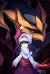  &gt;:( arm_up blue_eyes blue_hair blush coat frown gen_4_pokemon giratina hair_ornament hairclip hat highres hikari_(pokemon) holding holding_poke_ball long_hair looking_at_another looking_at_viewer poke_ball pokemon pokemon_(creature) pokemon_(game) pokemon_dppt pokemon_platinum red_eyes scarf slit_pupils transistor v-shaped_eyebrows white_scarf winter_clothes 