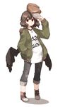  alternate_costume amonitto baseball_cap bird_wings brown_hair casual contemporary hand_in_pocket hat hat_removed headwear_removed hood hooded_jacket jacket jewelry long_sleeves looking_at_viewer necklace open_clothes open_jacket pants pendant red_eyes shameimaru_aya shirt simple_background solo touhou white_background wings winter_clothes 