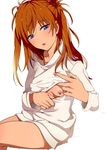  blue_eyes blush breasts cleavage_cutout clothes_pull fingernails highres long_hair mebae meme_attire neon_genesis_evangelion nipples open-chest_sweater open_mouth orange_hair small_breasts solo souryuu_asuka_langley sweater sweater_pull 