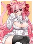  :3 ahoge animal_ears aran_sweater black_legwear blush breasts cat_ears cat_tail cleavage cleavage_cutout comomo_(tk) glasses hair_intakes large_breasts long_hair looking_at_viewer meme_attire open-chest_sweater original pink_hair red-framed_eyewear red_eyes ribbed_legwear ribbed_sweater semi-rimless_eyewear smile solo sweater tail takatsuki_ichi thighhighs turtleneck under-rim_eyewear very_long_hair zettai_ryouiki 