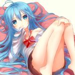  bare_legs barefoot blue_eyes blue_hair blush denpa_onna_to_seishun_otoko feet flat_chest hand_to_own_mouth io_enishi long_hair looking_at_viewer lying off_shoulder on_back school_uniform sketch skirt solo thighs touwa_erio 