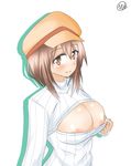  areola_slip areolae blush breasts brown_eyes brown_hair cabbie_hat cleavage cleavage_cutout cleavage_reach flashing hat large_breasts meme_attire nipple_slip nipples okita_riona open-chest_sweater puzzle_&amp;_dragons ribbed_sweater short_hair solo sweater turtleneck vio_(ryuutei) 
