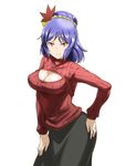 &gt;:) alternate_costume black_skirt blue_hair breasts cleavage_cutout highres iwatobi_hiro large_breasts light_smile looking_at_viewer meme_attire open-chest_sweater red_eyes ribbed_sweater short_hair simple_background skirt smile solo sweater touhou turtleneck v-shaped_eyebrows white_background yasaka_kanako 