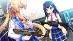  assault_rifle black_hair blonde_hair blue_eyes bullpup game_cg gun harvest_overray l85 long_hair m240 machine_gun mikami_lilia multiple_girls ouno_sumi rifle school_uniform twintails weapon 