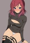 black_legwear blush breasts cleavage cleavage_cutout garters jpeg_artifacts large_breasts looking_at_viewer love_live! love_live!_school_idol_project matarou_(genkai_toppa) meme_attire nishikino_maki no_pants open-chest_sweater panties parted_lips purple_eyes red_hair ribbed_sweater short_hair simple_background sitting solo sweater thighhighs turtleneck underwear white_panties 