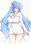  blue_eyes blue_hair blush breasts cleavage cleavage_cutout embarrassed flying_sweatdrops head_fins large_breasts lintanghaseo lips long_hair long_sleeves meme_attire open-chest_sweater original ribbed_sweater simple_background solo split_ponytail sweater turtleneck very_long_hair 