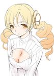  blush breasts cleavage cleavage_cutout drill_hair hair_ornament jiji long_hair looking_at_viewer mahou_shoujo_madoka_magica medium_breasts meme_attire open-chest_sweater ribbed_sweater simple_background sketch solo sweater tomoe_mami turtleneck twin_drills upper_body white_background yellow_eyes 