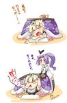  &gt;_&lt; black_gloves bow closed_eyes comic dress elbow_gloves gloves hair_bow hair_flaps hair_ornament hair_ribbon hairclip hatsuharu_(kantai_collection) headgear highres imu_sanjo kantai_collection kotatsu light_brown_hair long_hair lying multiple_girls on_stomach open_mouth purple_eyes purple_hair remodel_(kantai_collection) ribbon sailor_dress school_uniform serafuku smile table tears translated triangle_mouth yuudachi_(kantai_collection) 