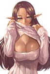  breasts brown_hair cleavage cleavage_cutout dark_skin green_eyes large_breasts long_hair looking_at_viewer meme_attire mole mole_under_eye open-chest_sweater original pointy_ears ribbed_sweater shirt_lift solo sweater whistlerx 