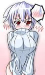  angry animal_ears blush bottomless bouncing_breasts breasts clothes_pull covered_mouth gradient gradient_background inubashiri_momiji large_breasts looking_at_viewer no_hat no_headwear pullover red_eyes short_hair silver_hair solo spoken_blush spoken_sweatdrop sweatdrop sweater sweater_pull touhou tu-kon wolf_ears 