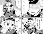  &gt;_&lt; 2girls 4koma bare_shoulders bismarck_(kantai_collection) blush breasts closed_eyes comic detached_sleeves fang gloves greyscale highres hug hug_from_behind kantai_collection large_breasts long_hair max_melon military military_uniform monochrome multiple_girls pleated_skirt prinz_eugen_(kantai_collection) sideboob skirt spoken_ellipsis translated twintails uniform 