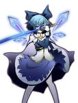  absurdres blue_eyes blue_hair bow cape cirno cosplay dress gloves hair_bow hezi_(ajudyjuly) highres ice ice_wings magical_girl mahou_shoujo_madoka_magica miki_sayaka miki_sayaka_(cosplay) ribbon short_hair smile solo sword touhou weapon wings 