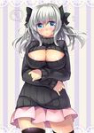  blue_eyes bow breasts cleavage cleavage_cutout hair_bow large_breasts meme_attire open-chest_sweater original pink_skirt ribbed_sweater ruri_rarako short_hair silver_hair skirt solo sweater thighhighs turtleneck twintails zettai_ryouiki 