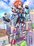  2boys blue_eyes building clenched_hand closed_mouth cloud cosplay giant gridman_(ssss) gridman_(ssss)_(cosplay) hands_in_pockets hibiki_yuuta highres male_focus multiple_boys oomasa_teikoku power_armor red_hair smile solo_focus ssss.gridman takarada_rikka utsumi_shou 