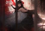  akemi_homura akuma_homura bare_back bare_shoulders bars black_dress black_gloves black_hair blackrabbitsoul blurry bow closed_eyes depth_of_field dress elbow_gloves feathers flower gloves hair_bow hairband hand_on_another's_chin kaname_madoka long_hair looking_at_viewer lying mahou_shoujo_madoka_magica mahou_shoujo_madoka_magica_movie multiple_girls on_back on_stomach pink_hair purple_legwear red_eyes red_hairband rose sleeping thighhighs ultimate_madoka very_long_hair yuri 