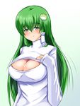  blush breasts cleavage cleavage_cutout frog_hair_ornament green_eyes green_hair hair_ornament hair_tubes kochiya_sanae kuzunoha_kaede large_breasts long_hair meme_attire open-chest_sweater sleeves_past_wrists smile solo sweater touhou turtleneck 