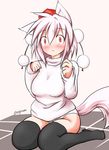  :&lt; animal_ears black_legwear blush breasts hat inubashiri_momiji large_breasts looking_at_viewer panties pom_pom_(clothes) pullover red_eyes short_hair signature silver_hair sitting solo tail taurine_8000mg tokin_hat touhou underwear wolf_ears wolf_tail 