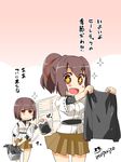  &gt;:) 2girls :d brown_eyes brown_hair clothes highres holding hyuuga_(kantai_collection) imu_sanjo ise_(kantai_collection) japanese_clothes kantai_collection multiple_girls open_mouth pleated_skirt ponytail shopping_basket short_hair skirt smile translation_request v-shaped_eyebrows 
