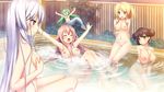  5girls areolae between_breasts blonde_hair blue_eyes blush breast_envy breasts double_bun eyes_closed game_cg green_eyes green_hair happy harvest_overray highres kneeling large_breasts legs mermaid mikami_lilia multiple_girls navel nipples nironiro nude onsen open_mouth ouno_sumi partially_submerged pink_hair ponytail purple_eyes purple_hair sitting small_breasts smile steam tamaki_yuuka thighs usume_shirou water white_hair 