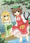  :d animal_ears antenna_hair bad_id bad_pixiv_id blonde_hair breasts brown_eyes brown_hair cat_ears cat_tail character_request chen cleavage dress dress_lift dutch_angle fang food fruit green_eyes hair_ribbon hat heart heart_tail japanese_clothes kimono long_hair looking_at_viewer medium_breasts mob_cap multiple_girls multiple_tails nature nekomata open_mouth outdoors ribbon shikitani_asuka short_hair sitting skirt_basket small_breasts smile standing tail touhou two_tails wading wet wet_clothes 