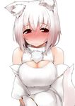  animal_ears blush breasts cleavage cleavage_cutout detached_sleeves inubashiri_momiji large_breasts looking_at_viewer meme_attire open-chest_sweater red_eyes revision ribbed_sweater short_hair simple_background sleeveless sleeveless_turtleneck solo sweater tail tera_zip touhou turtleneck white white_background white_hair wolf_ears wolf_tail 