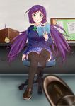  ayase_eli book green_eyes highres long_hair looking_at_viewer love_live! love_live!_school_idol_project purple_hair sexually_suggestive smile suirensei thighhighs toujou_nozomi twintails 