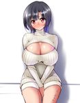  between_legs black_hair blush breasts cleavage_cutout commentary hand_between_legs head_tilt huge_breasts kantai_collection light_smile meme_attire midoriiro_no_shinzou open-chest_sweater red_eyes ribbed_sweater shadow short_hair sitting solo sweater takao_(kantai_collection) thighs turtleneck twitter_username wall 