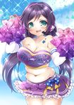  bare_shoulders breasts cheerleader elbow_gloves gloves green_eyes headset kokorominton large_breasts long_hair looking_at_viewer love_live! love_live!_school_idol_project midriff open_mouth plump pom_poms purple_hair skirt smile solo takaramonozu toujou_nozomi twintails 