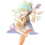  acoustic_guitar barefoot blue_dress blue_hair cirno closed_eyes dress guitar ice ice_wings instrument lowres music myomyo playing_instrument short_hair sketch solo touhou wings 