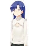  blue_hair breast_conscious cleavage_cutout commentary empty_eyes flat_chest idolmaster idolmaster_(classic) kisaragi_chihaya meme_attire nagian open-chest_sweater solo sweater turtleneck 