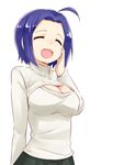  ^_^ ahoge blue_hair breasts cleavage cleavage_cutout closed_eyes commentary idolmaster idolmaster_(classic) large_breasts laughing meme_attire miura_azusa nagian open-chest_sweater open_mouth short_hair solo sweater turtleneck 