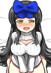  black_hair blush bottomless bow breasts cleavage_cutout gaoo_(frpjx283) hair_bow highres large_breasts long_hair meme_attire open-chest_sweater open_mouth ribbed_sweater sitting solo star_sapphire sweater touhou very_long_hair wariza yellow_eyes 