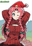  ;q alternate_costume arms_behind_head blue_eyes braid breasts cleavage cleavage_cutout hat hong_meiling large_breasts long_hair looking_at_viewer meme_attire mutsuki_riichi one_eye_closed open-chest_sweater pink_hair ribbed_sweater santa_hat solo star sweater tongue tongue_out touhou twin_braids 