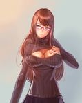  blue_eyes bow_(bhp) breasts brown_hair cleavage cleavage_cutout glasses highres large_breasts lips long_hair meme_attire open-chest_sweater original ribbed_sweater solo sweater turtleneck 