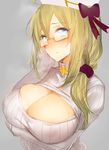  blonde_hair blue_eyes blush braid breast_hold breasts brown_hair cleavage cleavage_cutout covered_nipples cross glasses hat inayama large_breasts long_hair luis_almeida_(sengoku_bushouki_muramasa) meme_attire open-chest_sweater ribbed_sweater sengoku_bushouki_muramasa side_braid simple_background sketch solo steam steaming_body sweat sweater turtleneck upper_body 