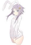  akiha_(attract) animal_ears bad_id bad_twitter_id blue_eyes bunny_ears bunny_tail cleavage_cutout crescent crescent_hair_ornament hair_ornament kantai_collection meme_attire open-chest_sweater purple_hair ribbed_sweater short_hair short_hair_with_long_locks sweater tail turtleneck yayoi_(kantai_collection) 