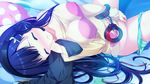  1girl bed blush breasts cuffs erect_nipples eyes_closed fingering game_cg harvest_overray headphones highres large_breasts legs long_hair long_shirt lying masturbation nironiro ouno_sumi panties panties_around_leg pillow purple_hair solo thighs underwear usume_shirou 