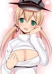  blonde_hair breasts cleavage_cutout green_eyes hands_on_own_face hat kantai_collection large_breasts long_hair looking_at_viewer low_twintails meme_attire open-chest_sweater open_mouth peaked_cap prinz_eugen_(kantai_collection) ribbed_sweater solo sweater takeyuu turtleneck twintails upper_body 