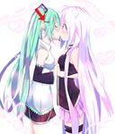  absurdres blush choker closed_eyes food green_hair hatsune_miku highres holding_hands ia_(vocaloid) interlocked_fingers kiss long_hair multiple_girls muse_loss pink_hair pocky pocky_day skirt thighhighs twintails very_long_hair vocaloid yuri 